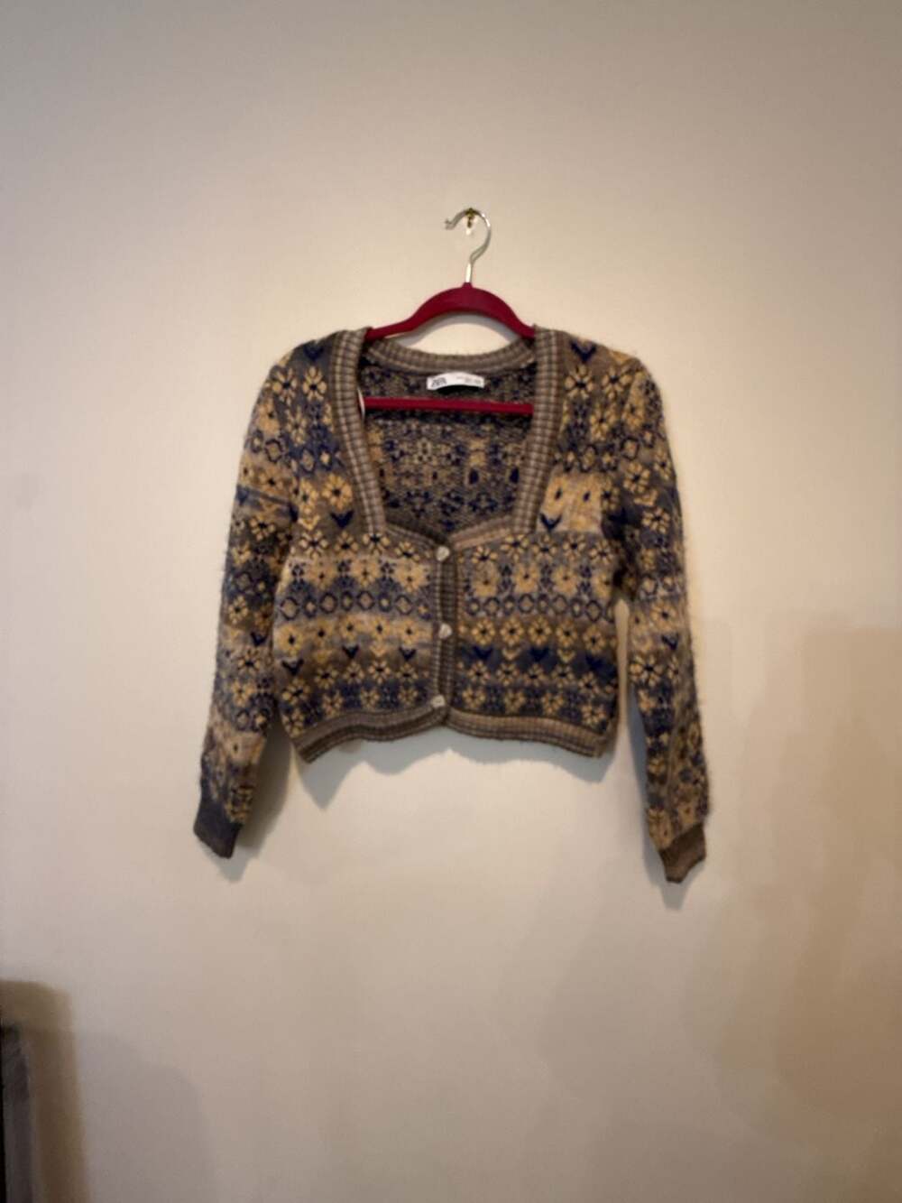 Zara Blue and Cream Patterned Cropped Cardigan